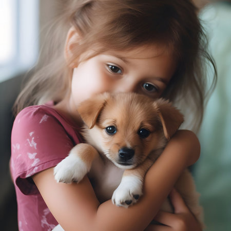 A young girl embraces a small puppy, showcasing a moment of affection and joy. The child looks at the puppy with love, highlighting the bond between them. The background suggests a warm, inviting indoor space, adding to the overall comforting atmosphere.の素材