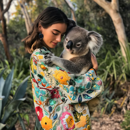 A young woman with a kind smile is holding a koala in her arms. The koala is resting its head on her shoulder. The woman is wearing a floral embroidered jacket and is looking at the camera. The photo is taken in a natural setting.の素材