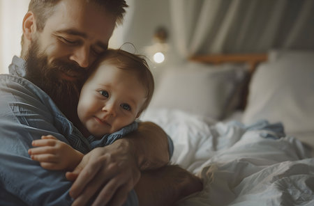 A father joyfully holds his young child close, sharing a tender moment in the comfort of their cozy bedroom. The sunlight softly illuminates the room, casting a warm glow on their affectionate expressions.の素材