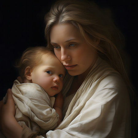 A gentle interaction unfolds as a mother lovingly holds her child close, both showing serene expressions. The soft lighting accentuates their features, creating an intimate atmosphere filled with warmth and comfort.の素材