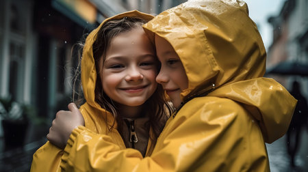 Two kids, wearing bright yellow raincoats, are hugging each other in the rain, with happy smiles on their faces, showing a heartwarming moment of friendship and joy.の素材