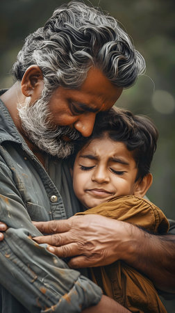 A heartwarming portrait of a father hugging his son, capturing a tender moment of love and care between them.の素材