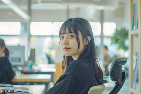 A young woman sits at a desk in a modern office setting, her focus and professional attire convey a sense of dedication to her work.の素材