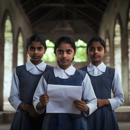 Three young girls, in school uniform, stand in a building, looking at the camera. They are happy and smiling.の素材