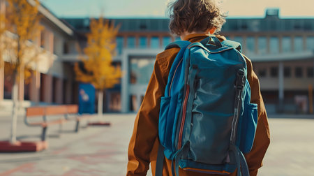 A young student walks towards the school building, carrying a backpack. The student is a teenager or a young adult, wearing a brown jacket, and the background shows the school building and some trees.の素材