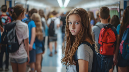 A teenage girl walks down a school hallway while looking back at the camera.の素材