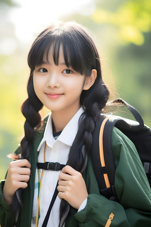 A young girl with long black braids smiles at the camera, wearing a green jacket and carrying a backpack. She looks like she is on her way to school.の素材