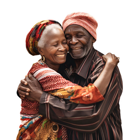 An elderly couple joyfully embraces, showing their deep affection for each other. Their colorful attire symbolizes warmth and vibrancy, while their beaming smiles reflect a lifetime of shared memories. The simple white background enhances the intimate moment they share.の素材