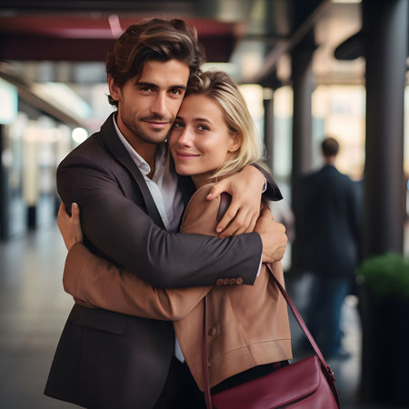 A young couple shares a warm embrace in an urban area, surrounded by modern architecture. The man, dressed in a suit, holds the woman close, who is wearing a stylish jacket. Their expressions reflect joy and affection, creating a romantic atmosphere amidst busy city life.の素材