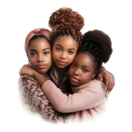 Three young girls share a heartfelt embrace, showcasing their strong friendship and connection. They display diverse hairstyles and outfits, radiating happiness and warmth within a cozy environment.の素材