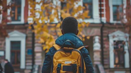 A young male student walks through a city street with a yellow backpack, with a blurred background.の素材