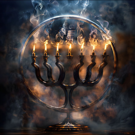 A close-up shot of a menorah with lit candles and smoke rising against a dark background.の写真素材