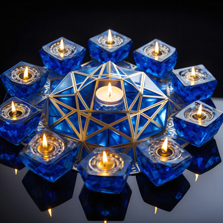 A beautiful arrangement of blue candles in a geometric pattern. The candles create a warm, inviting atmosphere.の写真素材