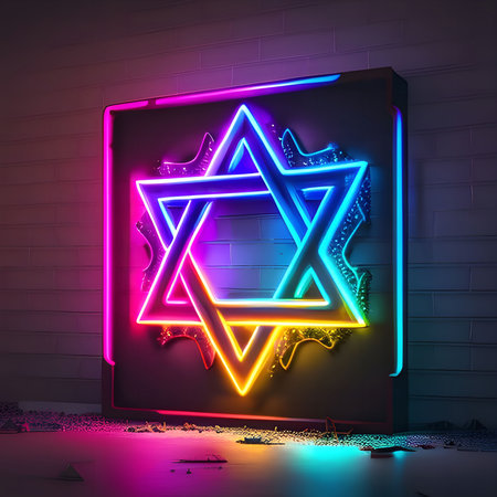 A vibrant neon Star of David shines brightly on a brick wall. The sign is illuminated with a colorful array of neon colors, creating a striking visual effect.の写真素材