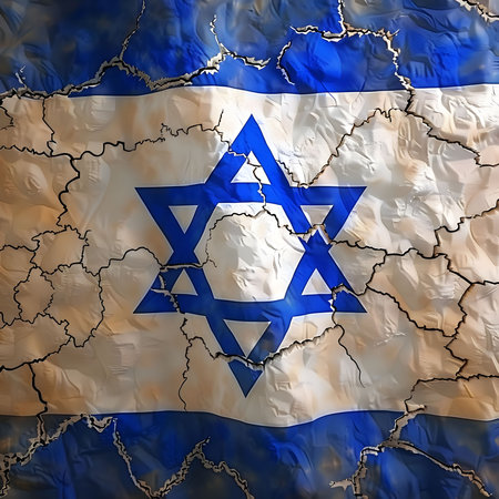 A digitally designed image of an Israeli flag with cracks in the fabricの写真素材