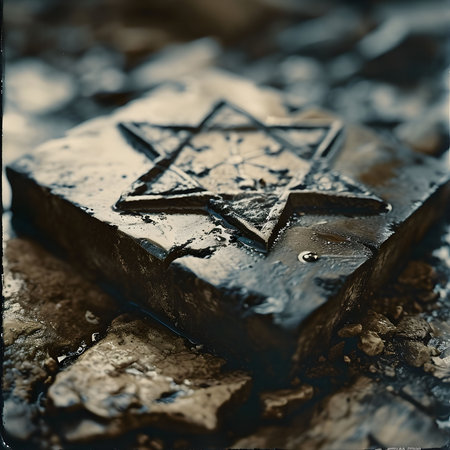 A close-up shot of a stone with a Star of David engraved on it. The stone is weathered and worn, with a dark patina. The Star of David is a symbol of Judaism.の写真素材