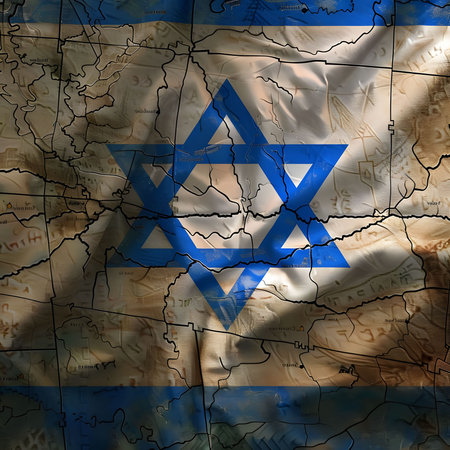 A close-up shot of the Israeli flag with a map superimposed on it.の写真素材