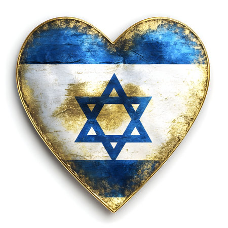A heart shaped, vintage, worn and grungy Israeli flag, with a star of David in the center.の写真素材