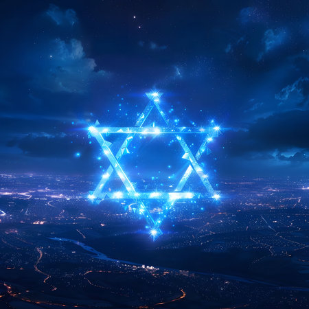 A glowing Star of David shines brightly in the night sky above a city, a symbolic representation of...