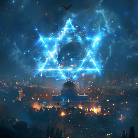 A glowing Star of David shines brightly in the night sky over the city of Jerusalem.の写真素材