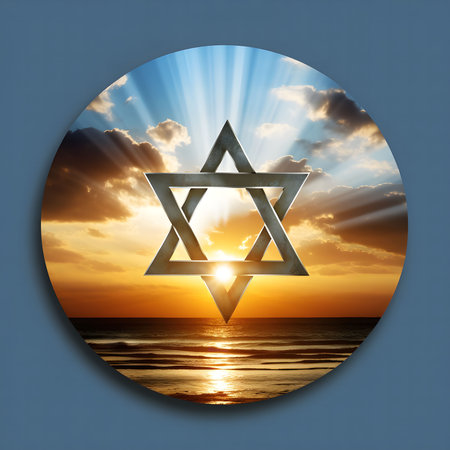 A Star of David shines brightly in the sky, with a beautiful sunset behind it. The sea and sky are filled with golden light. The image evokes a sense of peace and tranquility.の写真素材