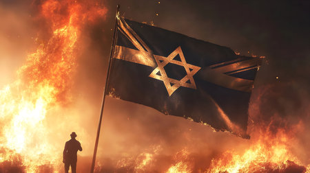 A silhouette of a man stands in front of a flag with a Star of David waving amidst a backdrop of fiery flames. It represents hope and resilience in the face of adversity.の写真素材