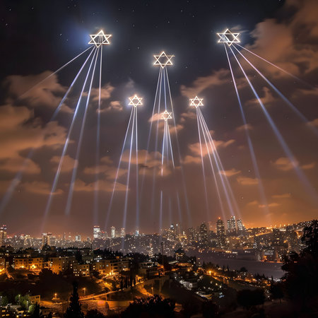 A stunning view of a cityscape illuminated by powerful beams of light shaped as stars in the night...