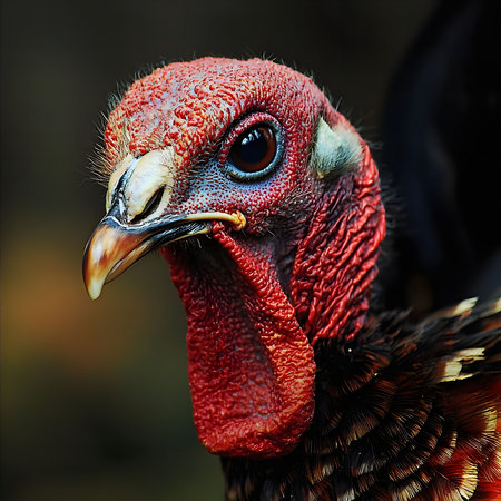 A close-up photograph of a wild turkey's head, showing intricate details of its feathers, beak, and eye.の写真素材