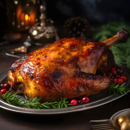 A whole roast chicken glazed with a delicious sauce, sitting on a plate surrounded by fresh cranberries and rosemary sprigs.の写真素材