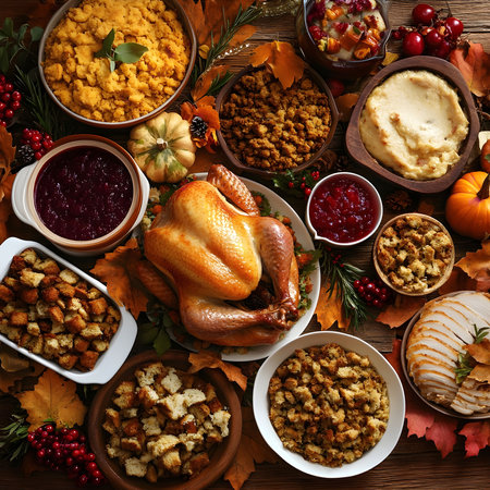 A close-up shot of a Thanksgiving feast, featuring a roasted turkey, stuffing, cranberry sauce, gravy, and other delicious dishes. The food is arranged on a rustic wooden table, with autumnal leaves and decorations in the background.の写真素材