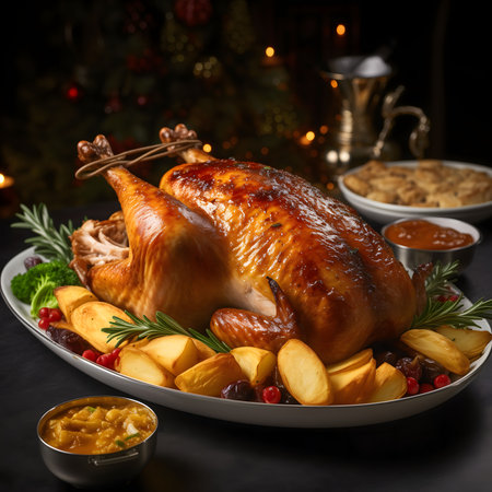 Roasted turkey, a traditional holiday favorite, is perfectly golden brown with crispy skin. Served on a platter with potatoes, cranberries, and herbs, it's a festive and flavorful meal.の写真素材