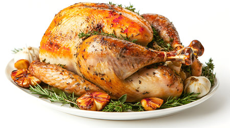 A roasted turkey with herbs and garlic, perfect for a holiday dinner.