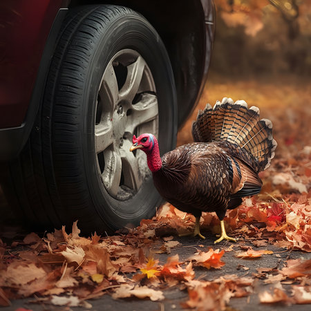 A wild turkey standing near a parked car in a forest setting with autumn leaves surrounding the...