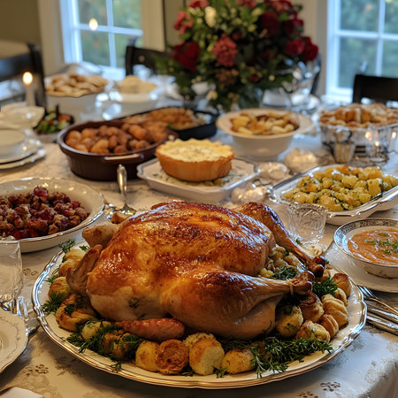 A roasted turkey dinner is set on a white tablecloth, surrounded by other dishes and appetizersの写真素材