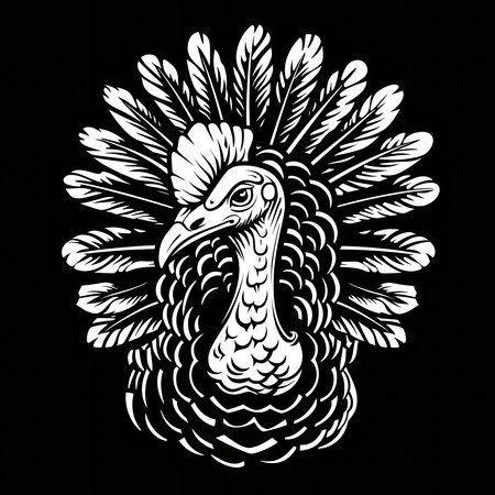 A detailed illustration of a turkey with its head and neck feathers facing the front, against a...