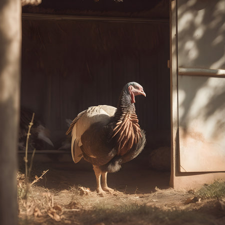 A close-up portrait of a turkey standing in a doorwayの写真素材