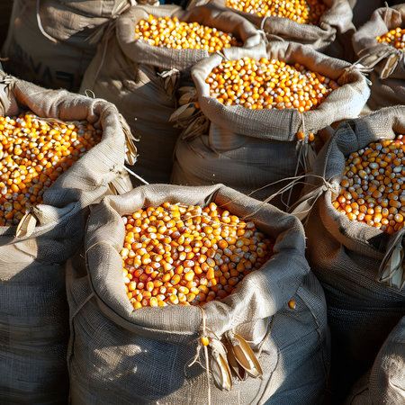 A close-up view of multiple sacks filled with dried corn kernels, showcasing a rustic and natural...