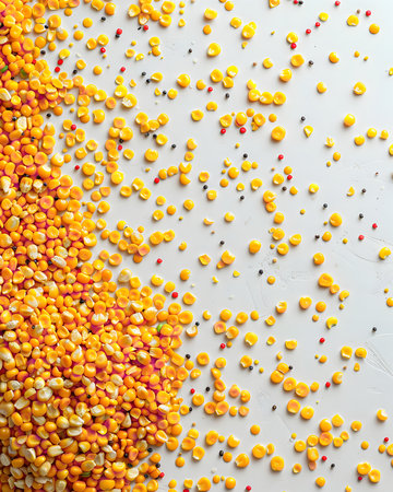 A close-up view of a pile of corn kernels and spices, against a white background. The corn kernels...