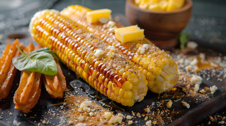Two ears of corn on the cob, buttered and seasoned with a few pieces of fried dough on the sideの写真素材