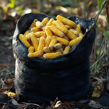 A full black bag of freshly harvested corn cobs ready for storage or processing