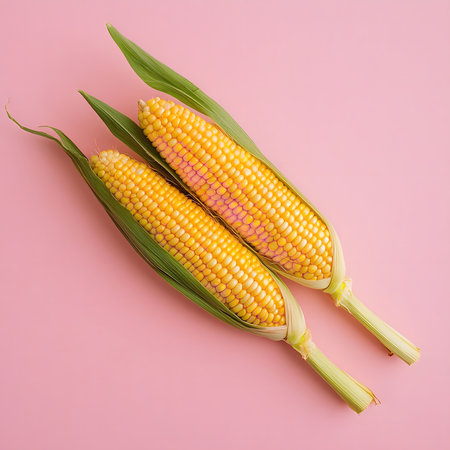 Two fresh ears of corn, still in their husks, against a bright pink background. The vibrant yellow...