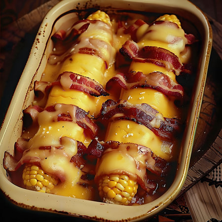 Close-up of baked corn on the cob with bacon and cheese, a delicious and comforting dish perfect for a family meal or dinner party.の写真素材
