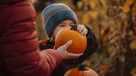 A young child holds a pumpkin in a field.の写真素材