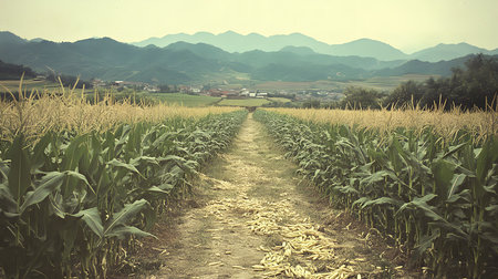 A dirt path through a cornfield leads towards a mountain range in the distance.の写真素材