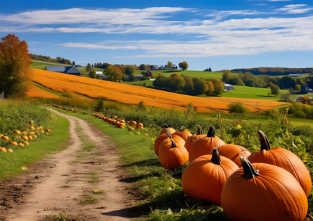 A winding dirt path leads through a pumpkin patch, showing the vibrant colors of autumn. The picturesque scene features a golden field, a blue sky, and a backdrop of rolling hills.の写真素材