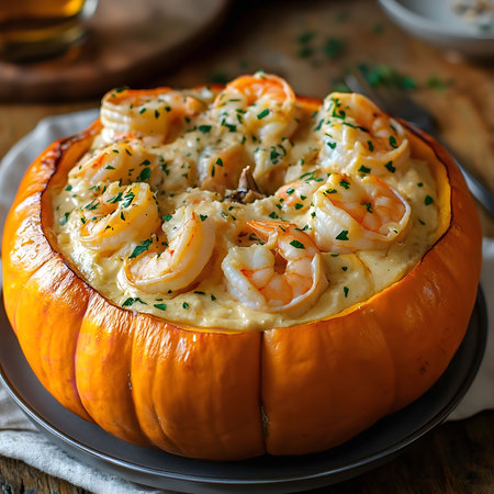 Close up of a pumpkin stuffed with shrimp, cream sauce, and herbsの写真素材