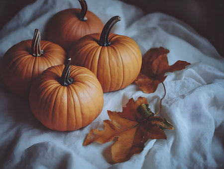 A closeup shot of three pumpkins, their vibrant orange hues contrasting against a white fabric background. A single dried leaf adds a touch of autumnal charm to the scene.の写真素材