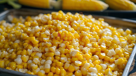 A close-up shot of freshly cut corn kernels in a metal tray. The yellow kernels are arranged in a...