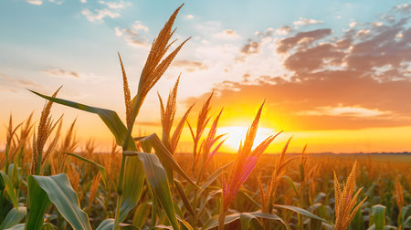 A picturesque view of a cornfield bathed in the warm glow of a setting sun. The tall stalks of corn stand proudly against the backdrop of a vibrant sky, creating a captivating scene of natural beauty.の写真素材