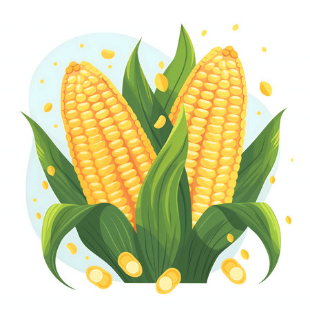 Two ears of fresh corn on the cob with green leaves, isolated on a white background.の写真素材